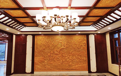 阿克塞中式别墅客厅中式木作横梁吊顶装饰展示